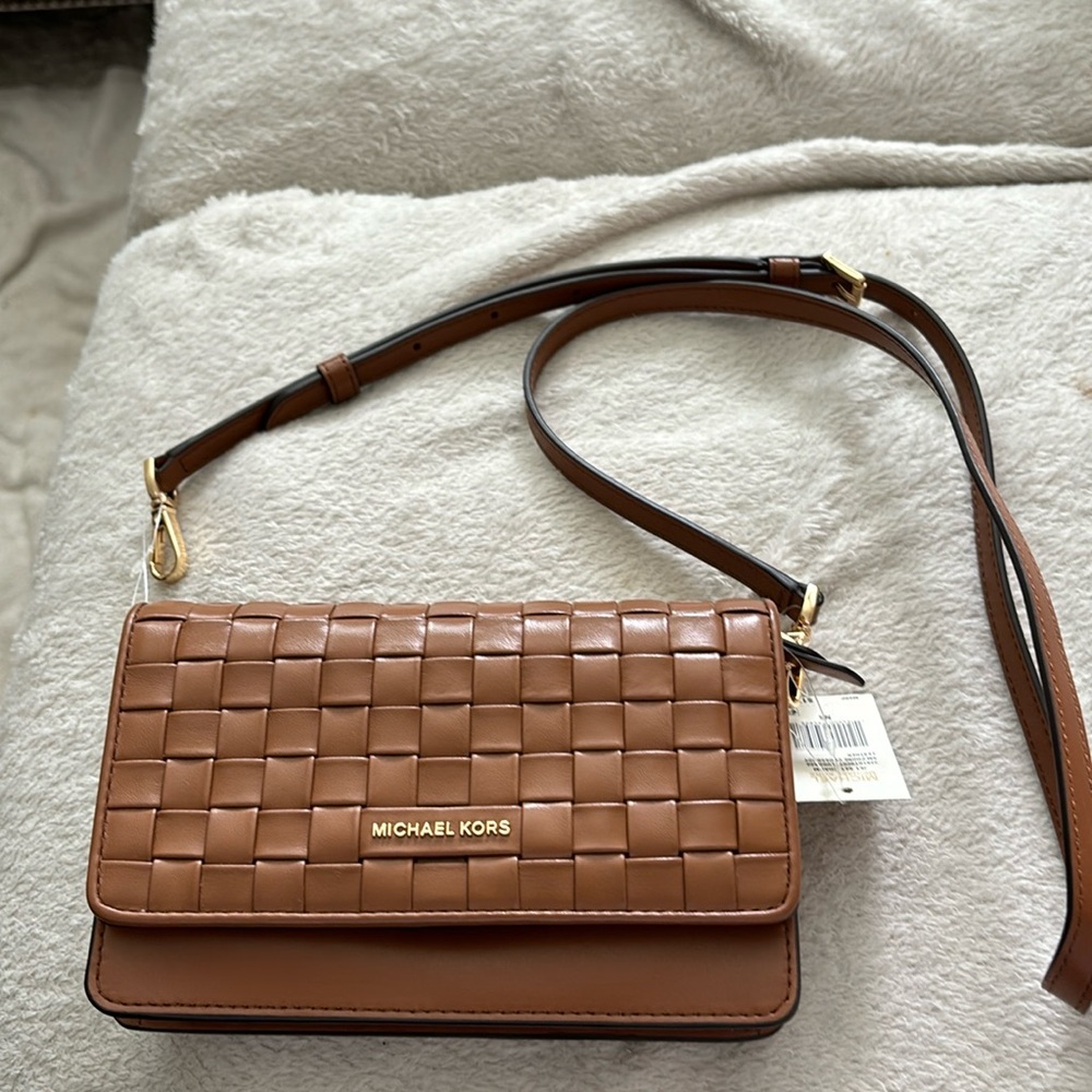 NWT Michael Kors Jet Set Charm Small Phone Woven Leather Crossbody Luggage